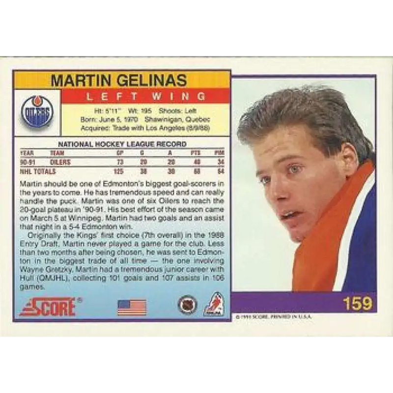 1991-92 Score American #159 Martin Gelinas NM-MT Edmonton Oilers Hockey Card - Hockey Card Single