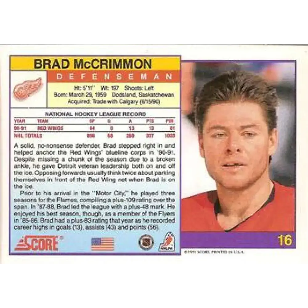 1991-92 Score American #16 Brad McCrimmon NM-MT Detroit Red Wings Hockey Card - Hockey Card Single