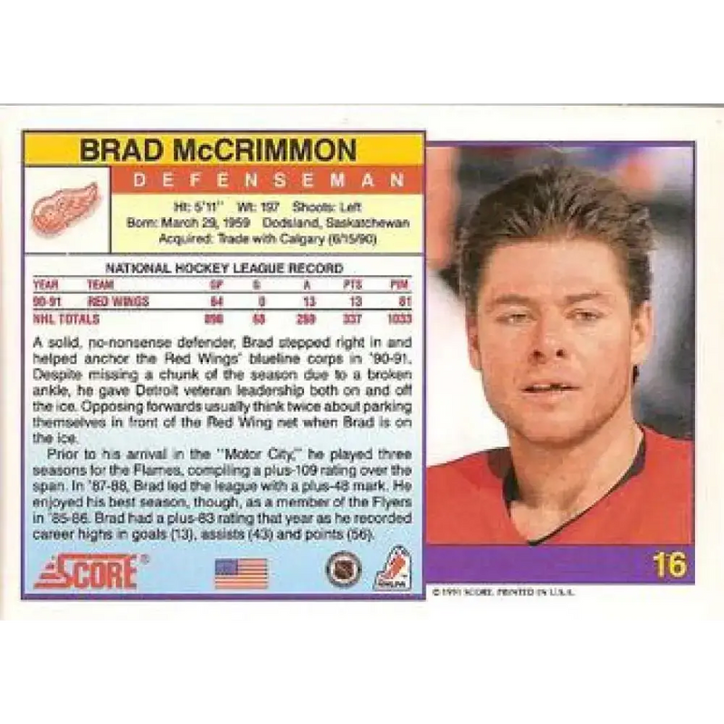 1991-92 Score American #16 Brad McCrimmon NM-MT Detroit Red Wings Hockey Card - Hockey Card Single