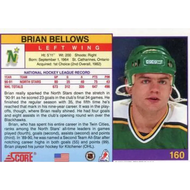 1991-92 Score American #160 Brian Bellows NM-MT Minnesota North Stars Hockey Card - Hockey Card Single