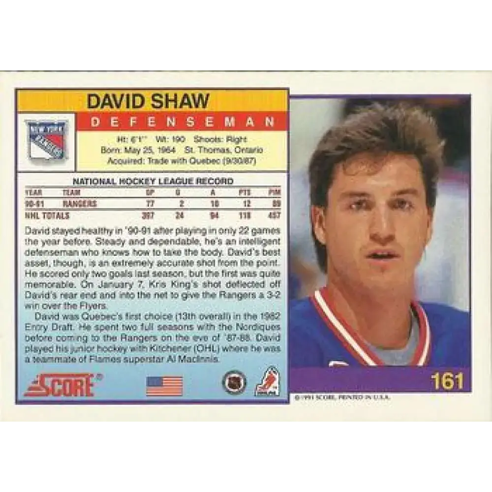 1991-92 Score American #161 David Shaw NM-MT New York Rangers Hockey Card - Hockey Card Single