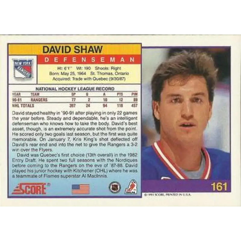 1991-92 Score American #161 David Shaw NM-MT New York Rangers Hockey Card - Hockey Card Single