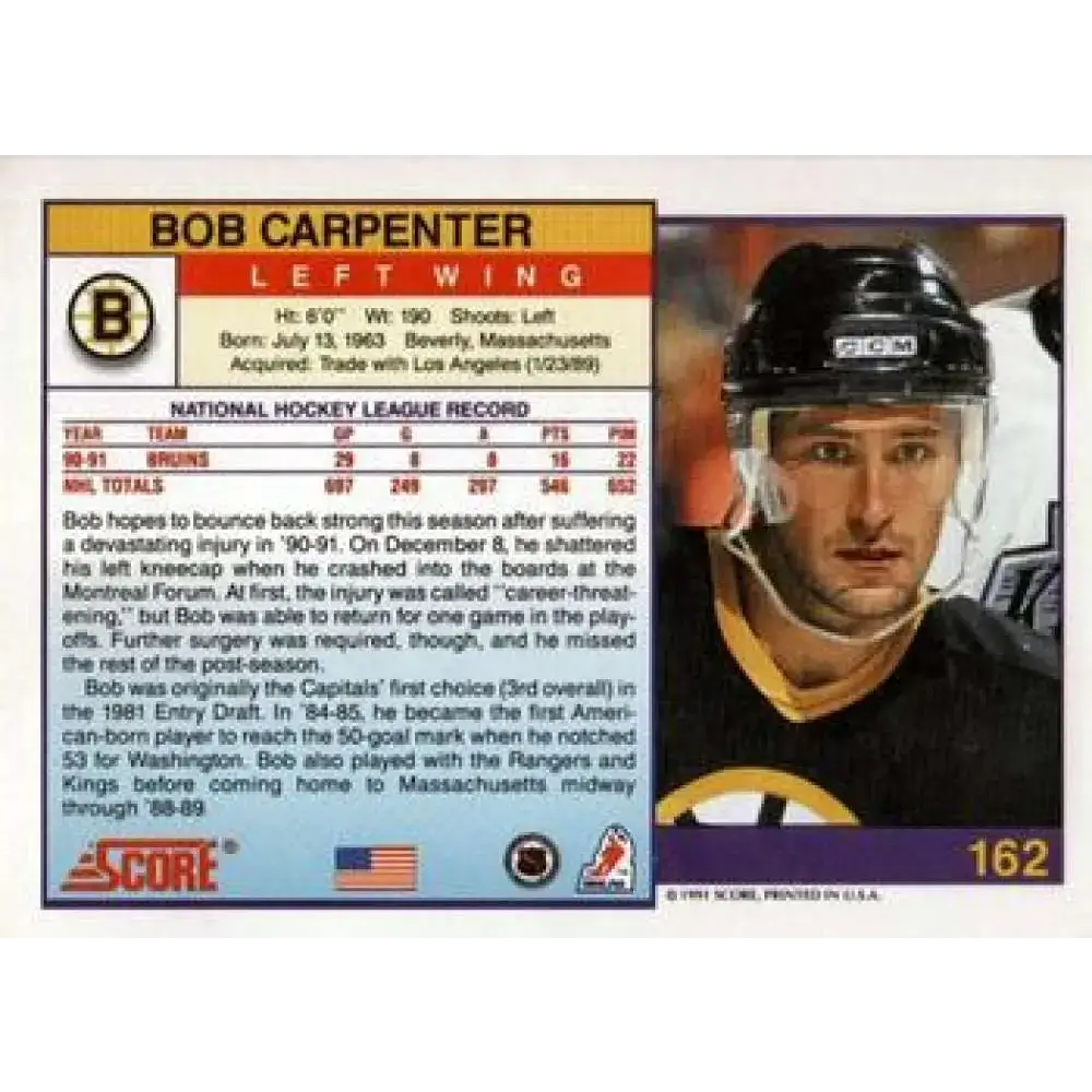 1991-92 Score American #162 Bob Carpenter NM-MT Boston Bruins Hockey Card