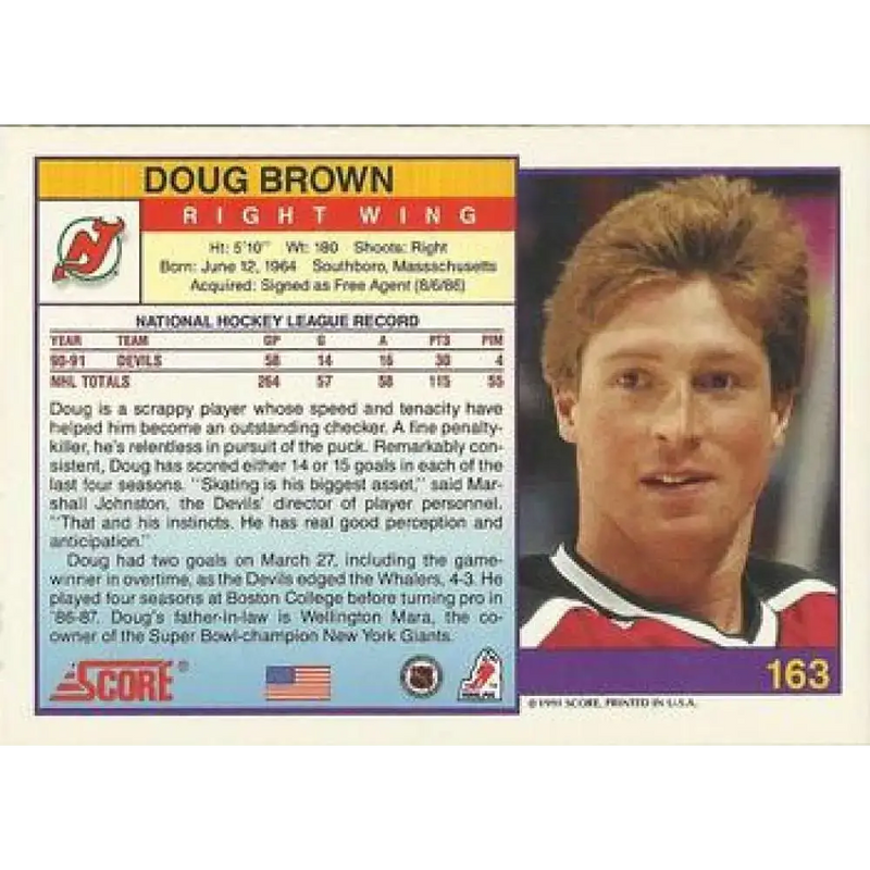 1991-92 Score American #163 Doug Brown NM-MT New Jersey Devils Hockey Card - Hockey Card Single