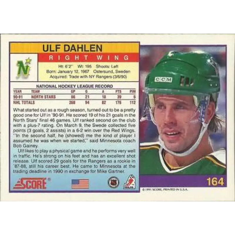 1991-92 Score American #164 Ulf Dahlen NM-MT Minnesota North Stars Hockey Card - Hockey Card Single
