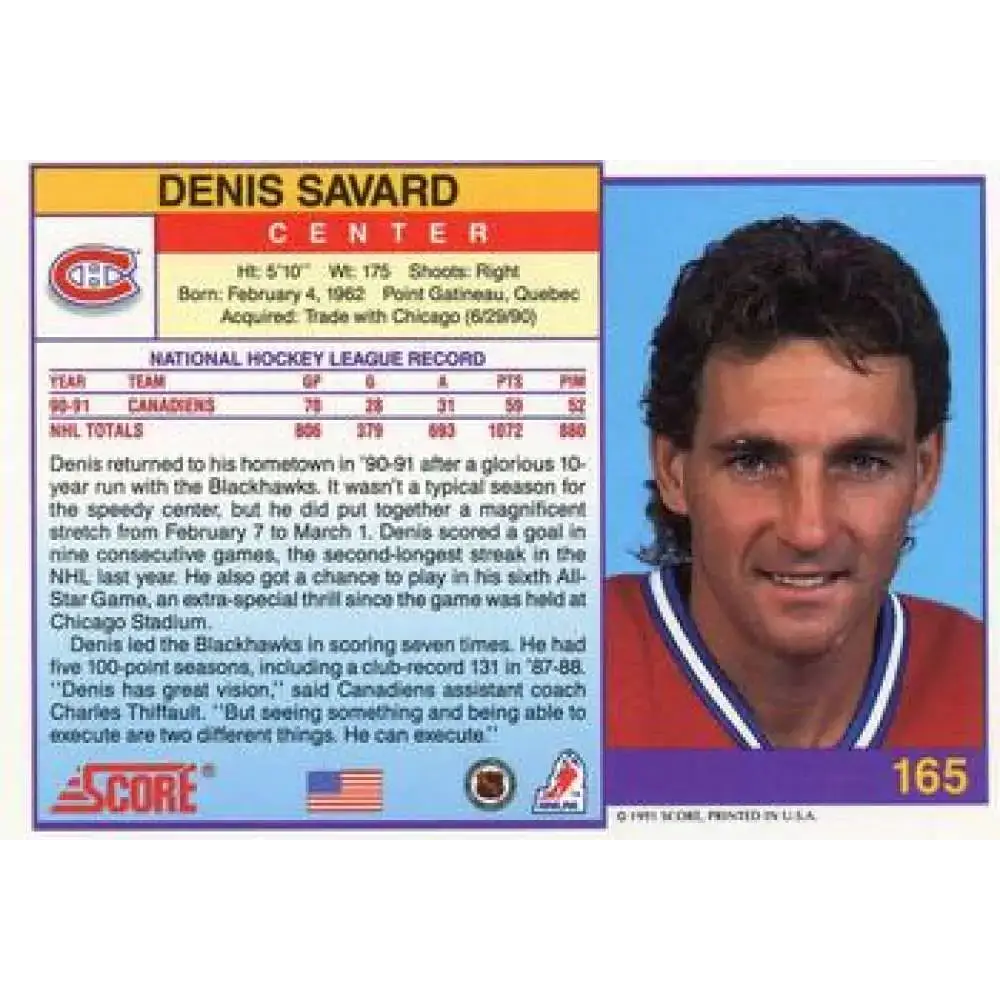 1991-92 Score American #165 Denis Savard NM-MT Montreal Canadiens Hockey Card - Hockey Card Single