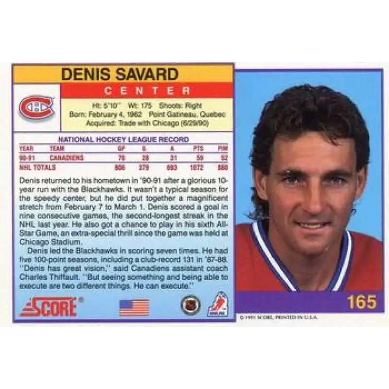1991-92 Score American #165 Denis Savard NM-MT Montreal Canadiens Hockey Card - Hockey Card Single