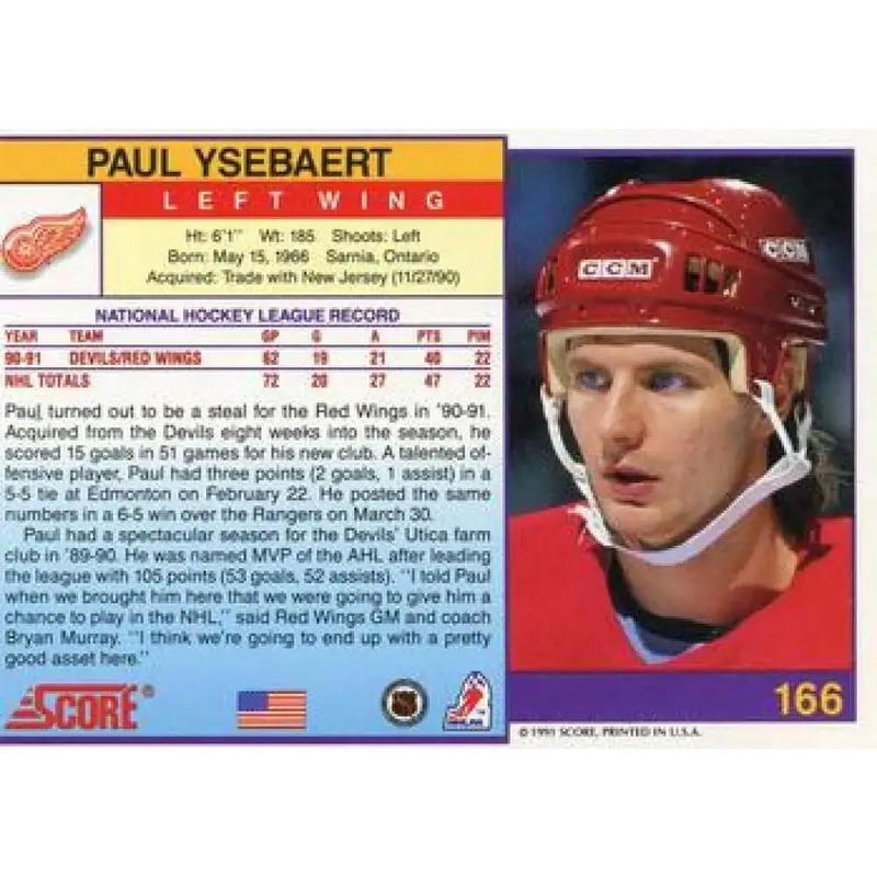 1991-92 Score American #166 Paul Ysebaert NM-MT Detroit Red Wings Hockey Card - Hockey Card Single