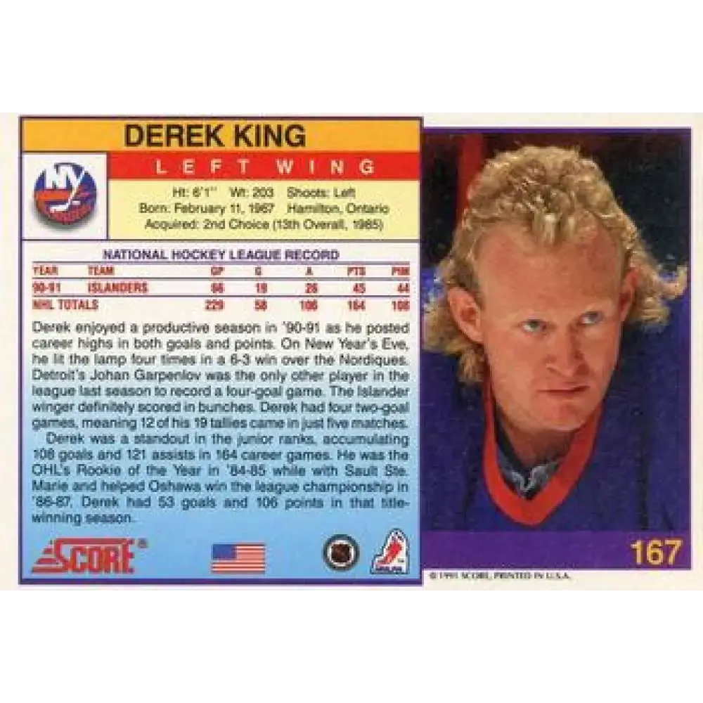 1991-92 Score American #167 Derek King NM-MT New York Islanders Hockey Card - Hockey Card Single