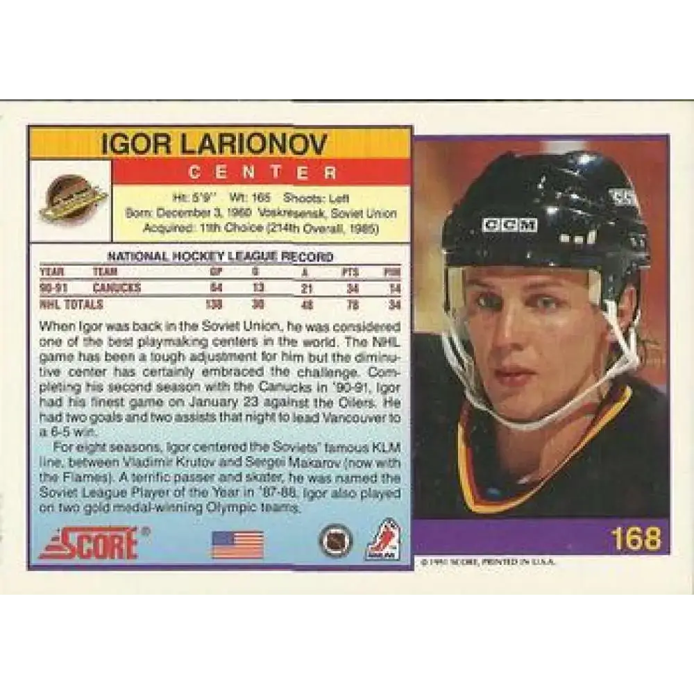 1991-92 Score American #168 Igor Larionov NM-MT Vancouver Canucks Hockey Card