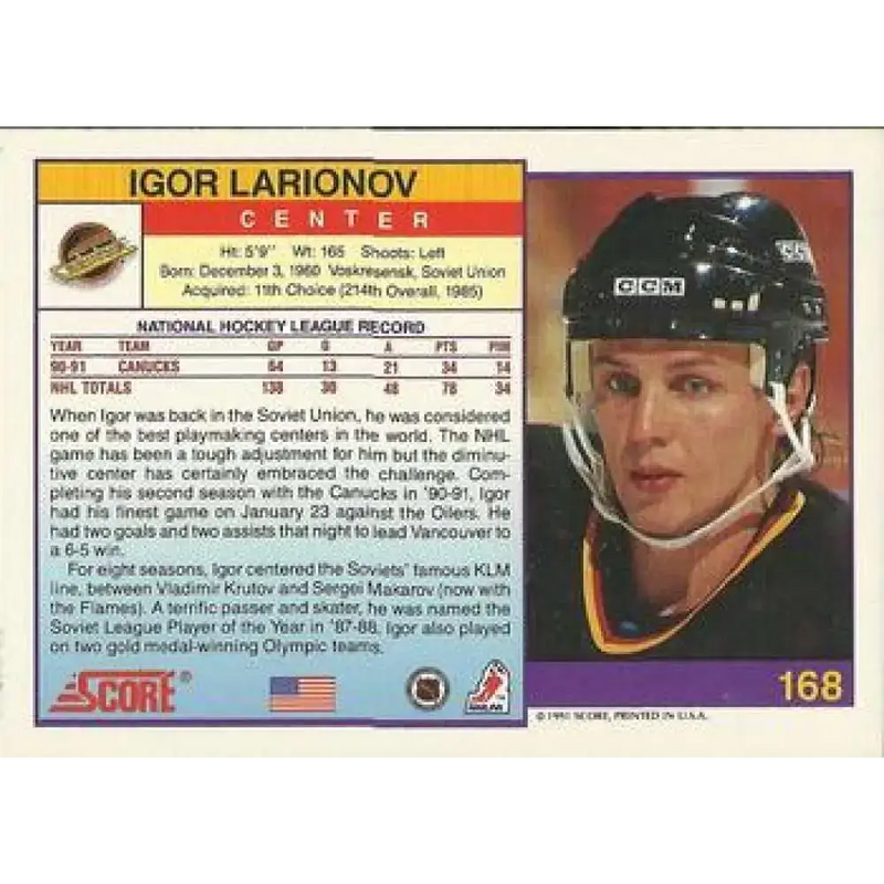 1991-92 Score American #168 Igor Larionov NM-MT Vancouver Canucks Hockey Card