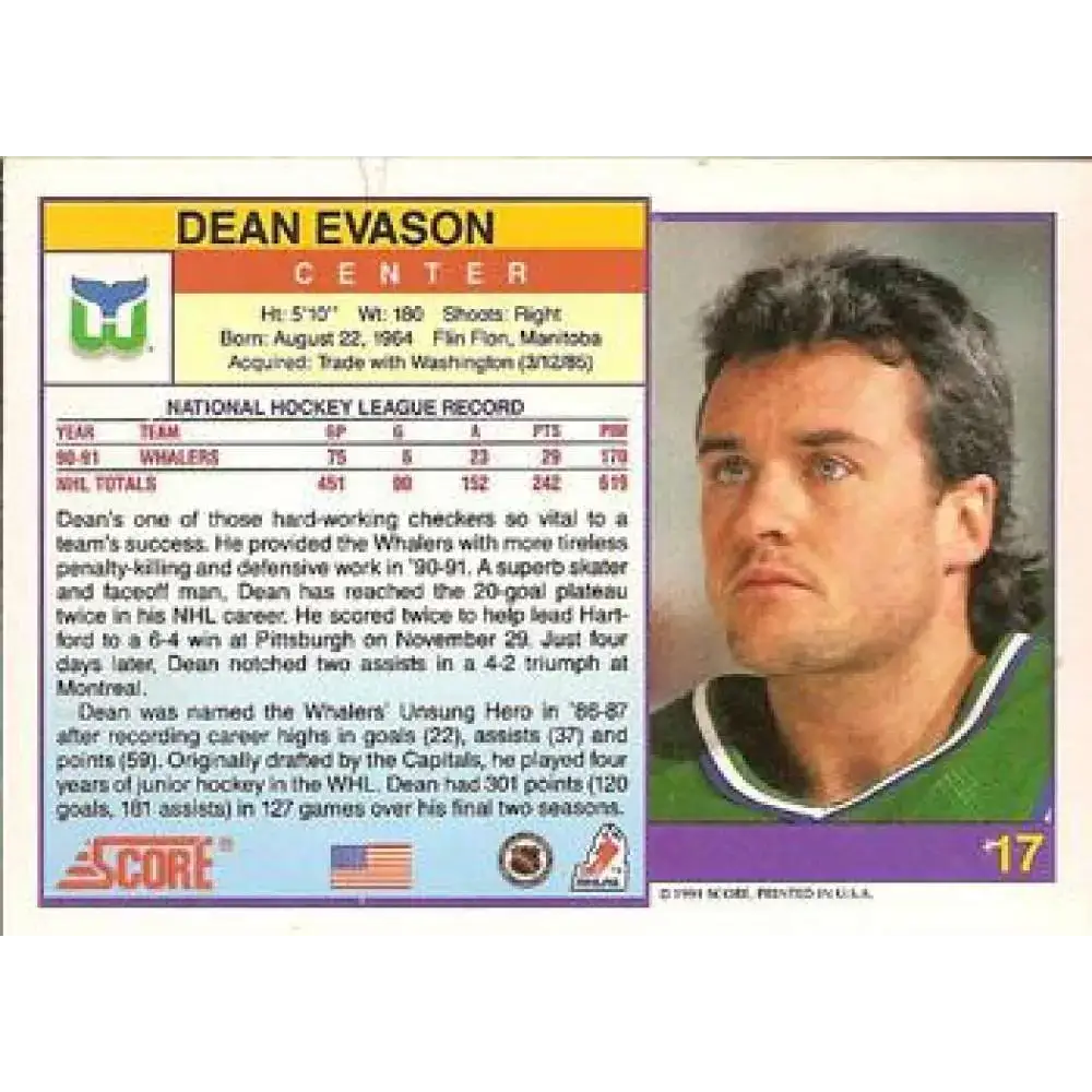 1991-92 Score American #17 Dean Evason NM-MT Hartford Whalers Hockey Card - Hockey Card Single