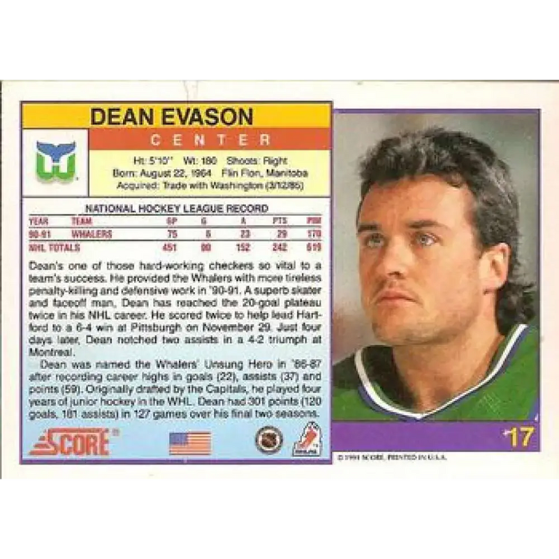 1991-92 Score American #17 Dean Evason NM-MT Hartford Whalers Hockey Card - Hockey Card Single