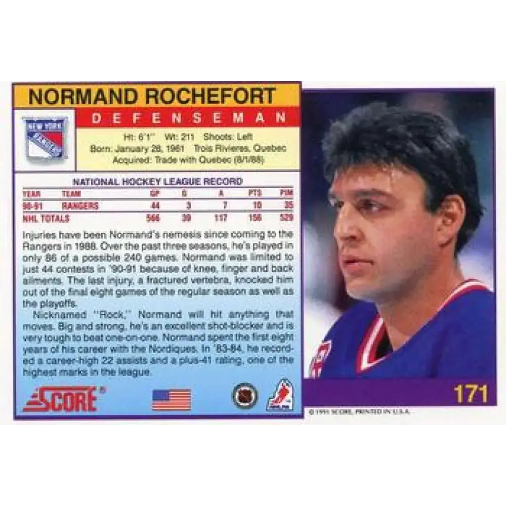 1991-92 Score American #171 Normand Rochefort NM-MT New York Rangers Hockey Card - Hockey Card Single