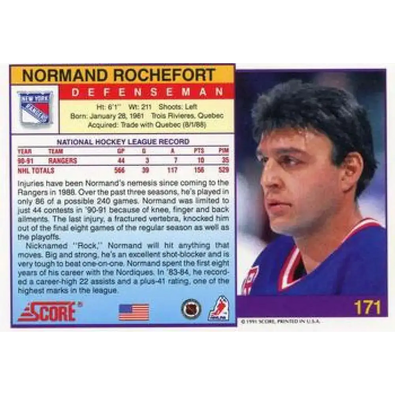 1991-92 Score American #171 Normand Rochefort NM-MT New York Rangers Hockey Card - Hockey Card Single