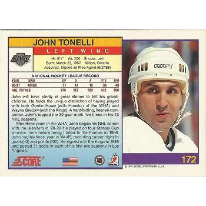 1991-92 Score American #172 John Tonelli NM-MT Los Angeles Kings Hockey Card - Hockey Card Single