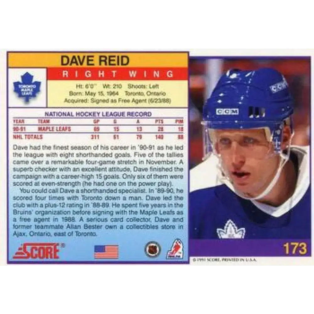 1991-92 Score American #173 David Reid NM-MT Toronto Maple Leafs Hockey Card - Hockey Card Single