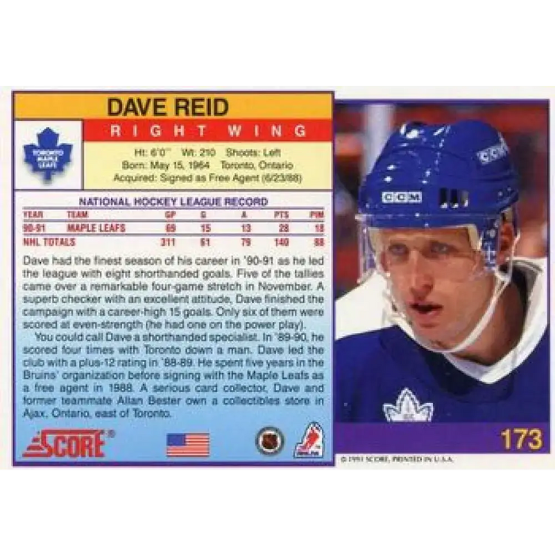 1991-92 Score American #173 David Reid NM-MT Toronto Maple Leafs Hockey Card - Hockey Card Single