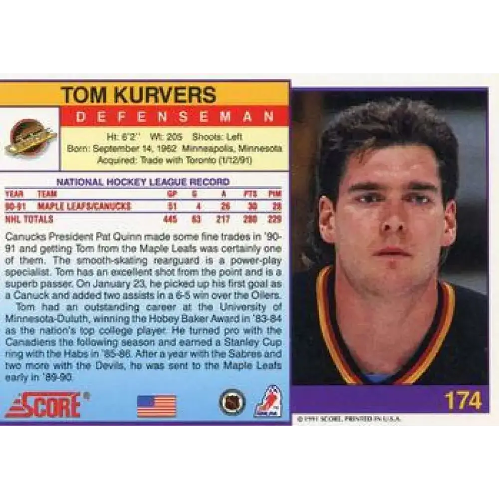 1991-92 Score American #174 Tom Kurvers NM-MT Vancouver Canucks Hockey Card - Hockey Card Single