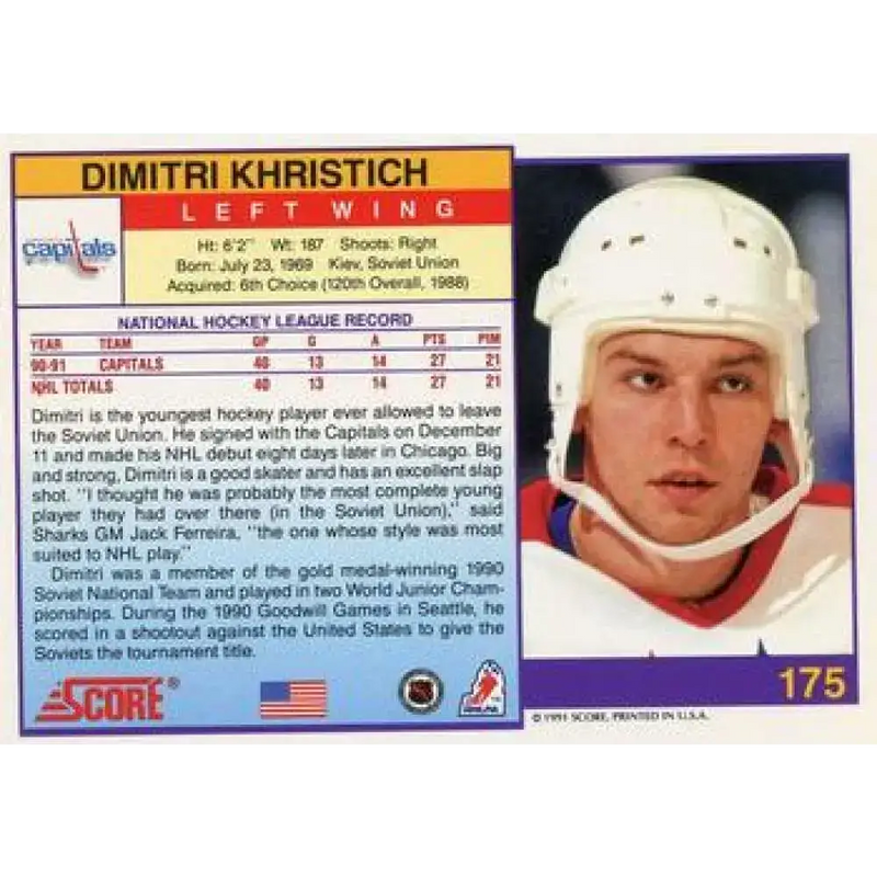 1991-92 Score American #175 Dimitri Khristich NM-MT Washington Capitals Hockey Card - Hockey Card Single