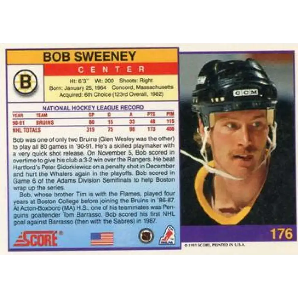 1991-92 Score American #176 Bob Sweeney NM-MT Boston Bruins Hockey Card - Hockey Card Single