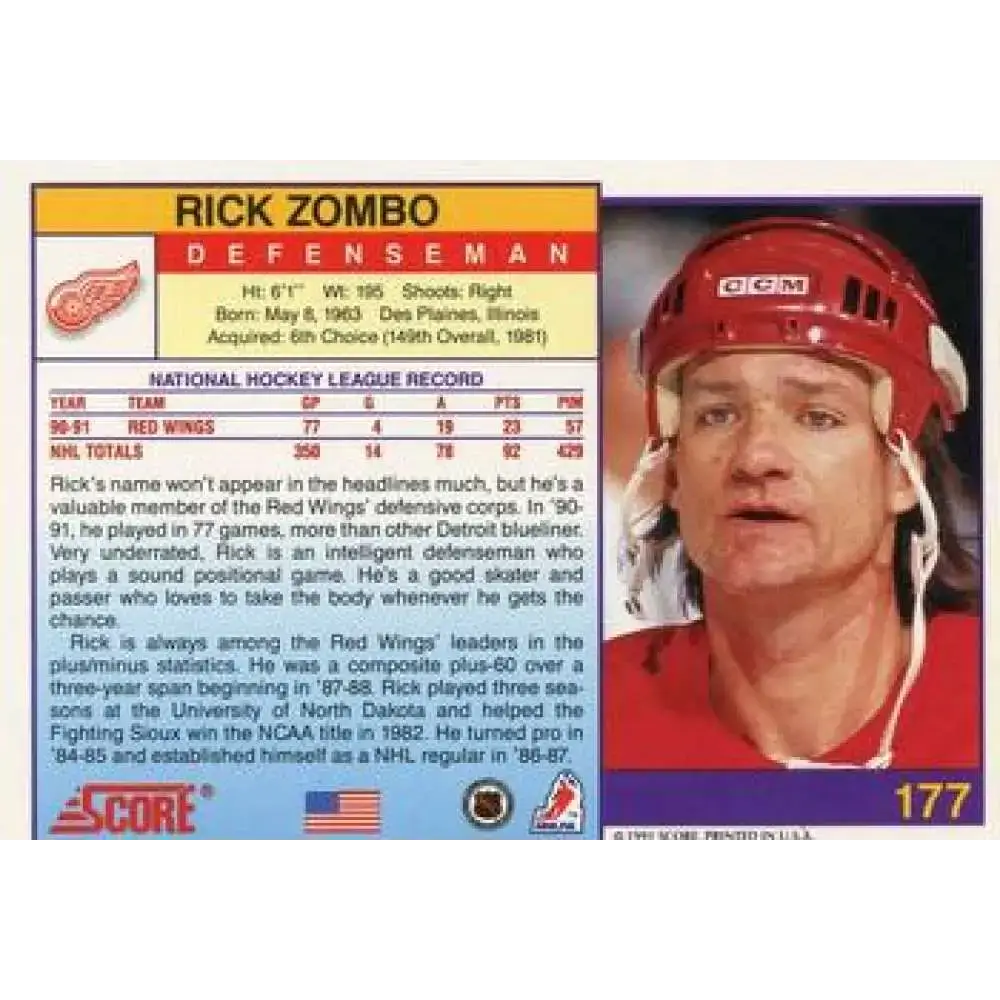 1991-92 Score American #177 Rick Zombo NM-MT Detroit Red Wings Hockey Card - Hockey Card Single