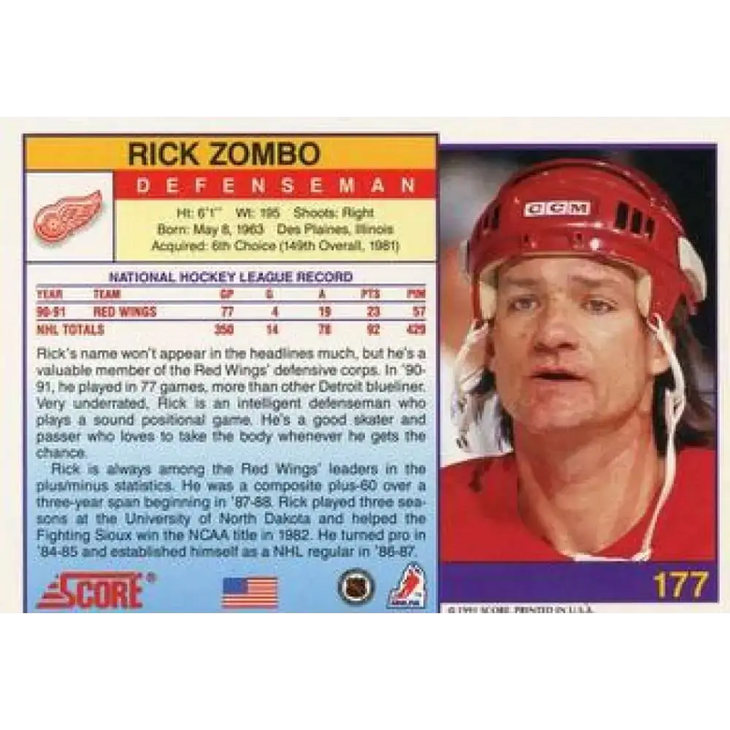 1991-92 Score American #177 Rick Zombo NM-MT Detroit Red Wings Hockey Card - Hockey Card Single