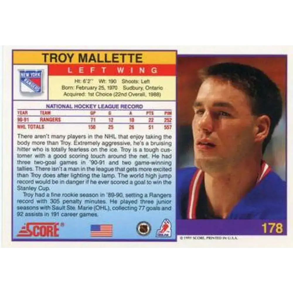 1991-92 Score American #178 Troy Mallette NM-MT New York Rangers Hockey Card - Hockey Card Single