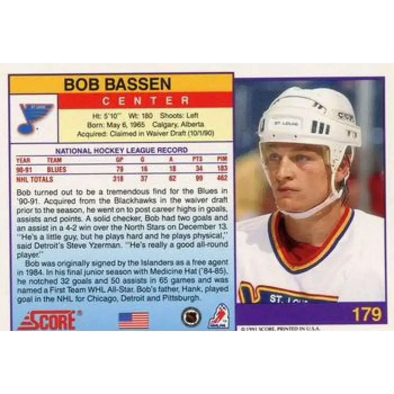 1991-92 Score American #179 Bob Bassen NM-MT St. Louis Blues Hockey Card - Hockey Card Single