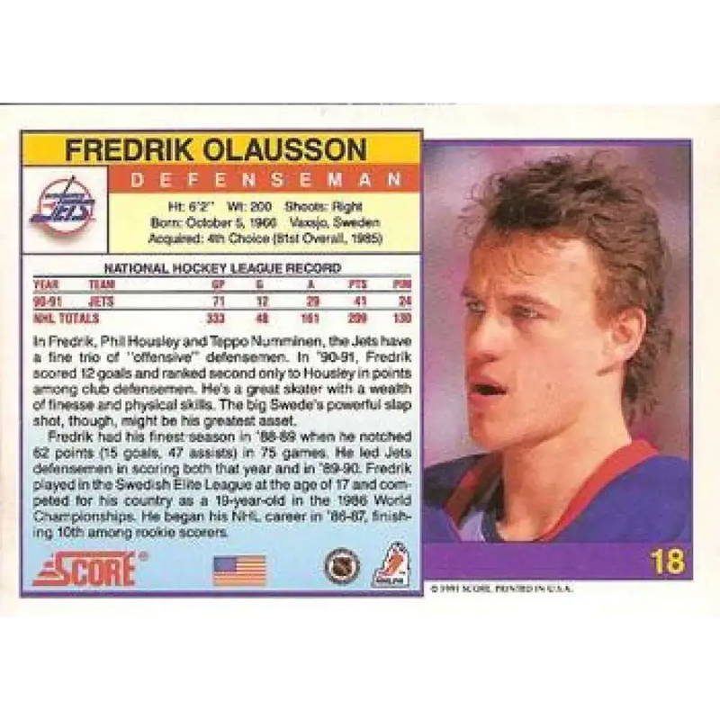 1991-92 Score American #18 Fredrik Olausson NM-MT Winnipeg Jets Hockey Card - Hockey Card Single