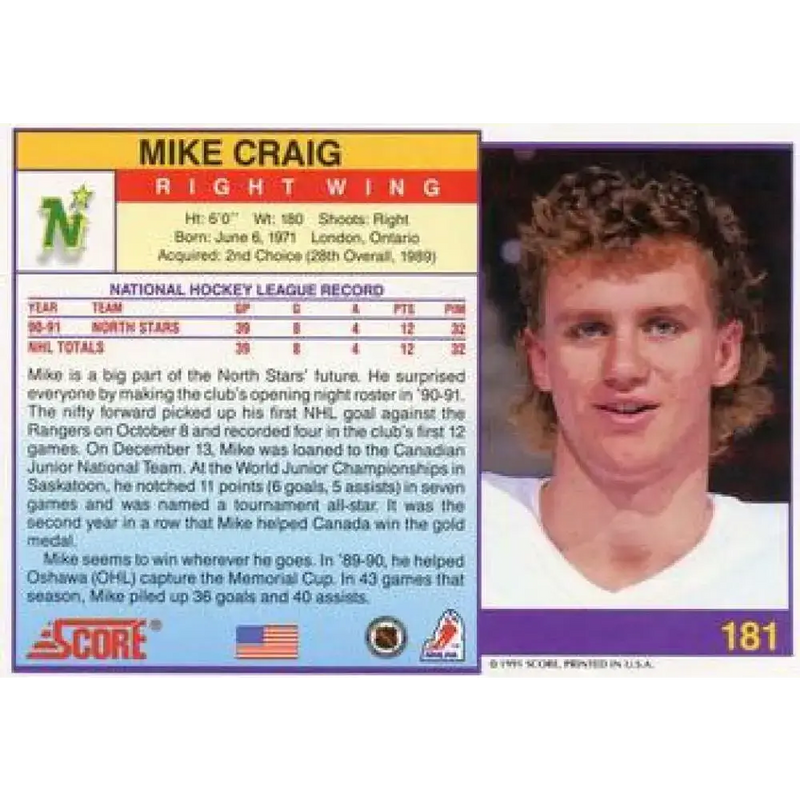 1991-92 Score American #181 Mike Craig NM-MT Minnesota North Stars Hockey Card - Hockey Card Single