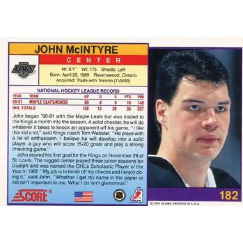 1991-92 Score American #182 John McIntyre NM-MT Los Angeles Kings Hockey Card - Hockey Card Single
