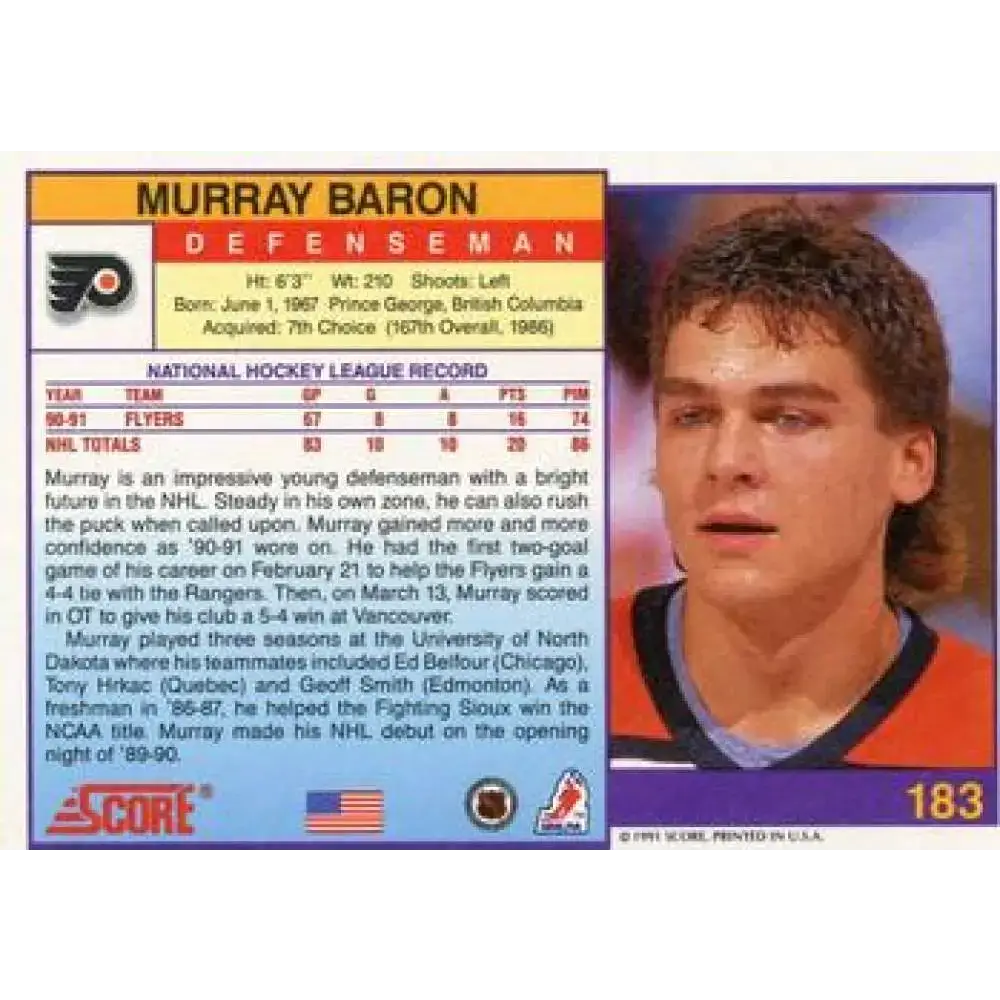 1991-92 Score American #183 Murray Baron NM-MT Philadelphia Flyers Hockey Card