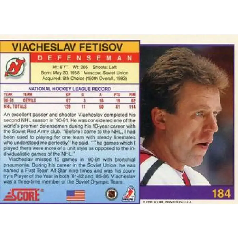 1991-92 Score American #184 Slava Fetisov NM-MT New Jersey Devils Hockey Card - Hockey Card Single