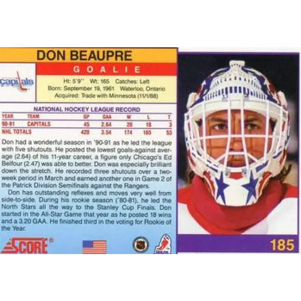 1991-92 Score American #185 Don Beaupre NM-MT Washington Capitals Hockey Card - Hockey Card Single