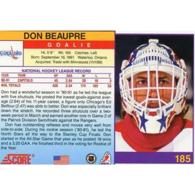 1991-92 Score American #185 Don Beaupre NM-MT Washington Capitals Hockey Card - Hockey Card Single