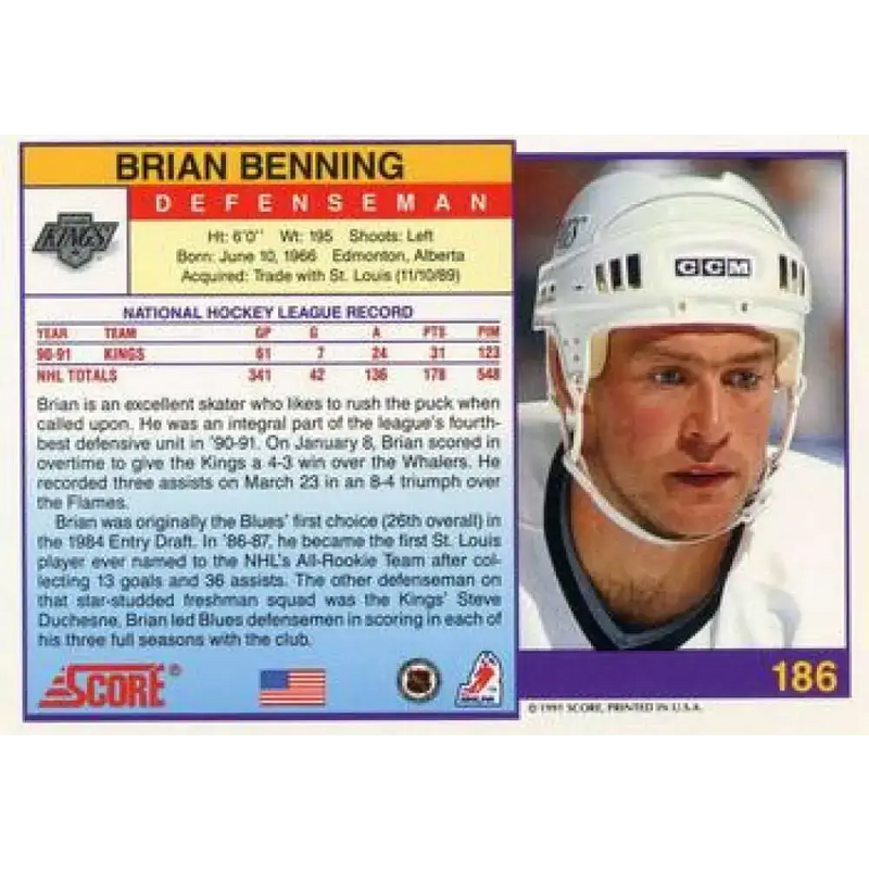 1991-92 Score American #186 Brian Benning NM-MT Los Angeles Kings Hockey Card - Hockey Card Single