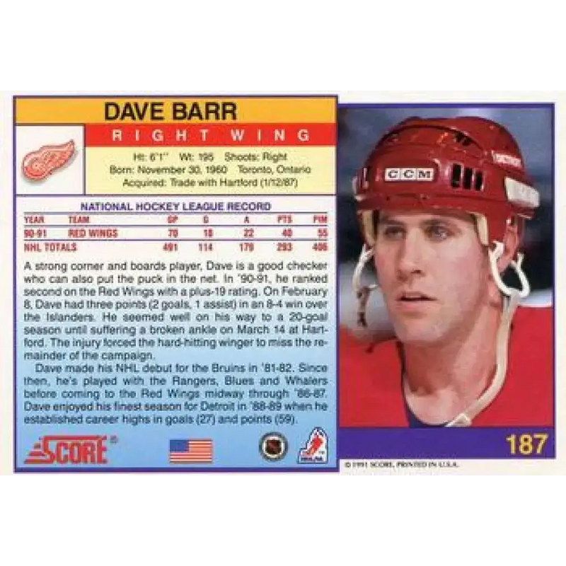 1991-92 Score American #187 Dave Barr NM-MT Detroit Red Wings Hockey Card - Hockey Card Single