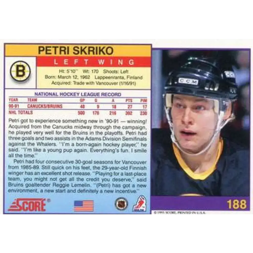 1991-92 Score American #188 Petri Skriko NM-MT Boston Bruins Hockey Card - Hockey Card Single