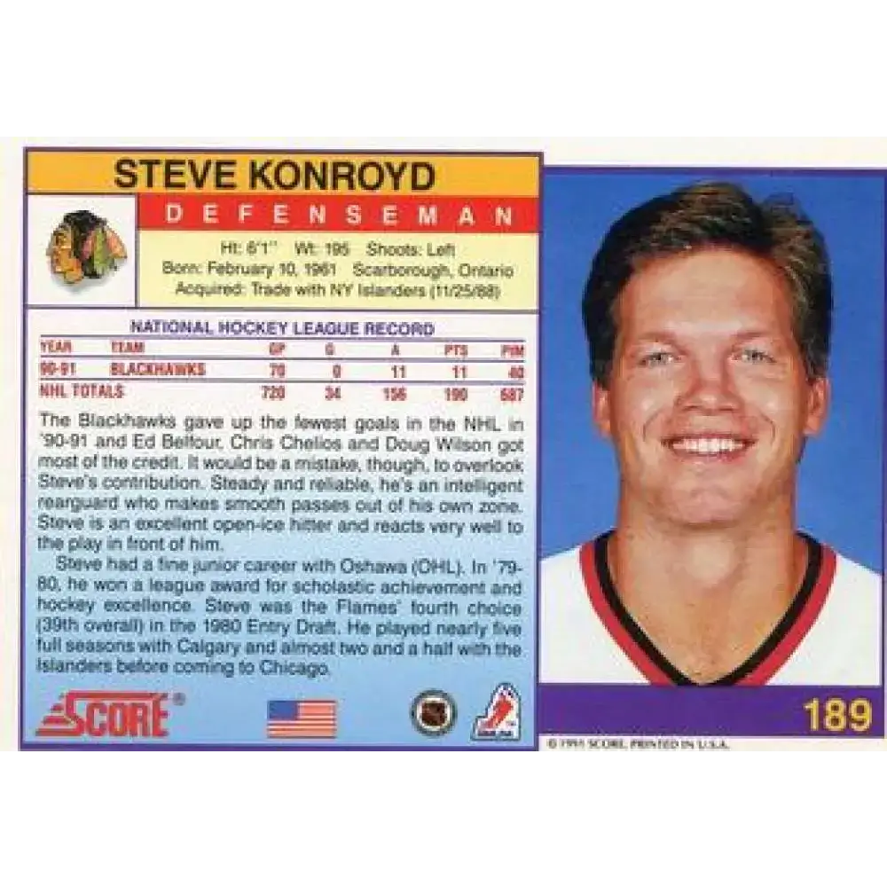 1991-92 Score American #189 Steve Konroyd NM-MT Chicago Blackhawks Hockey Card - Hockey Card Single