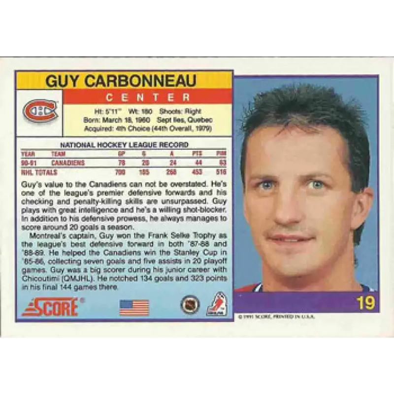 1991-92 Score American #19 Guy Carbonneau NM-MT Montreal Canadiens Hockey Card - Hockey Card Single