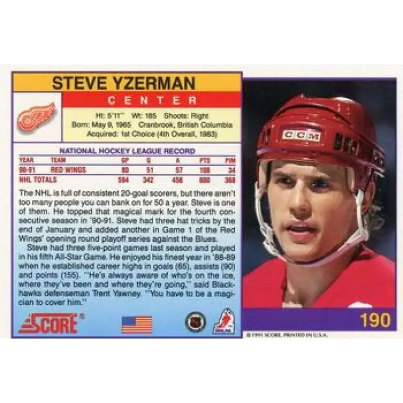 1991-92 Score American #190 Steve Yzerman NM-MT Detroit Red Wings Hockey Card - Hockey Card Single