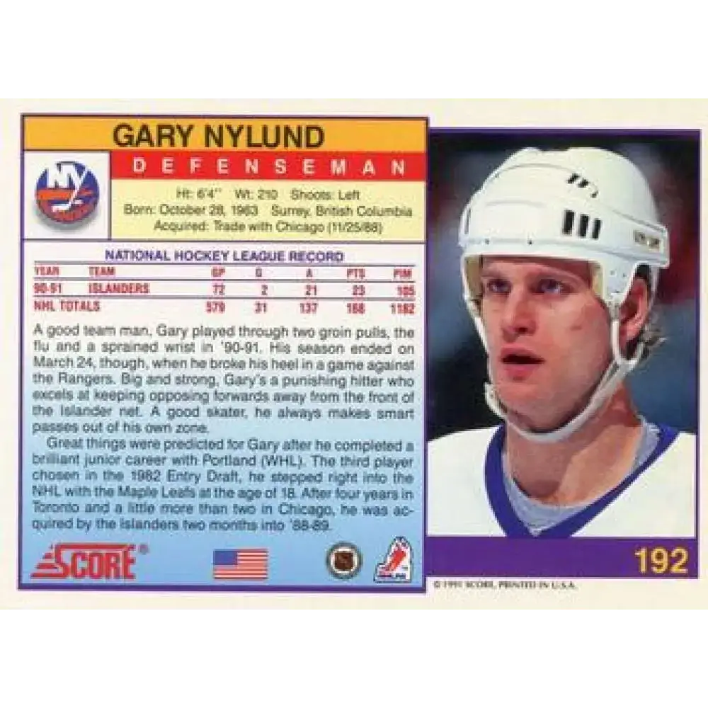 1991-92 Score American #192 Gary Nylund NM-MT New York Islanders Hockey Card - Hockey Card Single