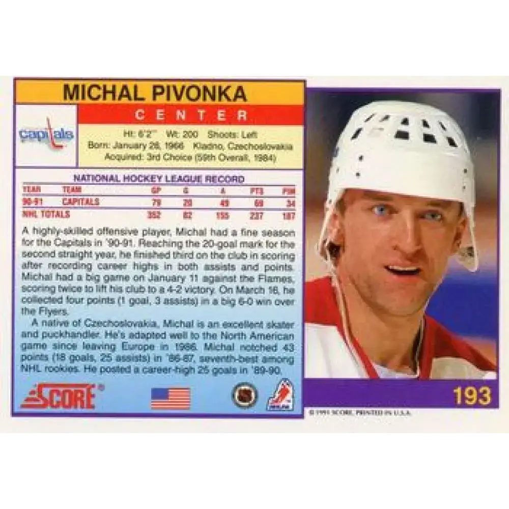 1991-92 Score American #193 Michal Pivonka NM-MT Washington Capitals Hockey Card - Hockey Card Single