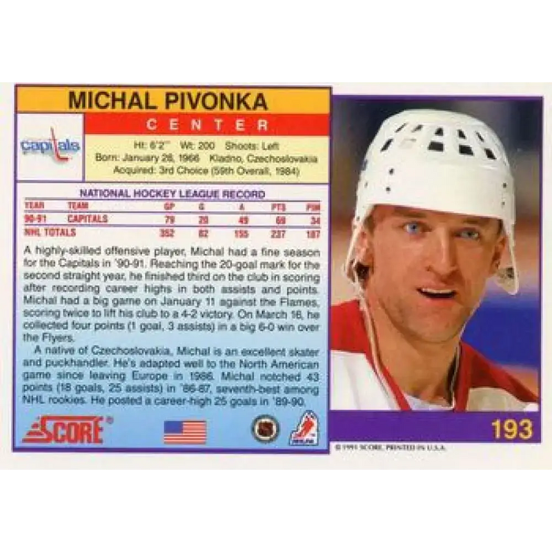 1991-92 Score American #193 Michal Pivonka NM-MT Washington Capitals Hockey Card - Hockey Card Single