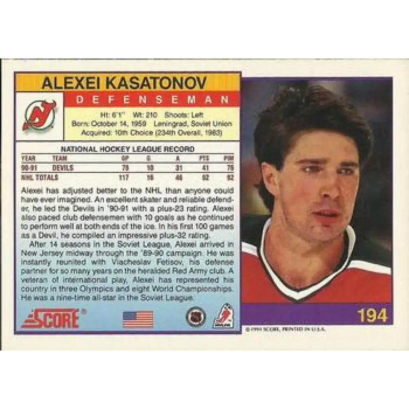 1991-92 Score American #194 Alexei Kasatonov NM-MT New Jersey Devils Hockey Card - Hockey Card Single