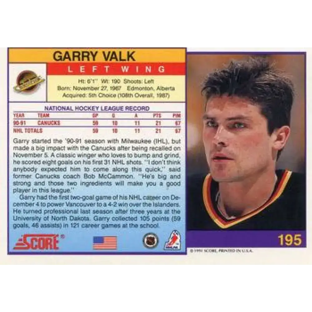 1991-92 Score American #195 Garry Valk NM-MT Vancouver Canucks Hockey Card - Hockey Card Single