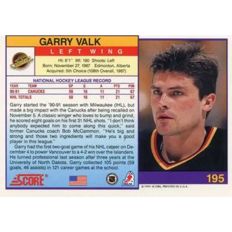 1991-92 Score American #195 Garry Valk NM-MT Vancouver Canucks Hockey Card - Hockey Card Single