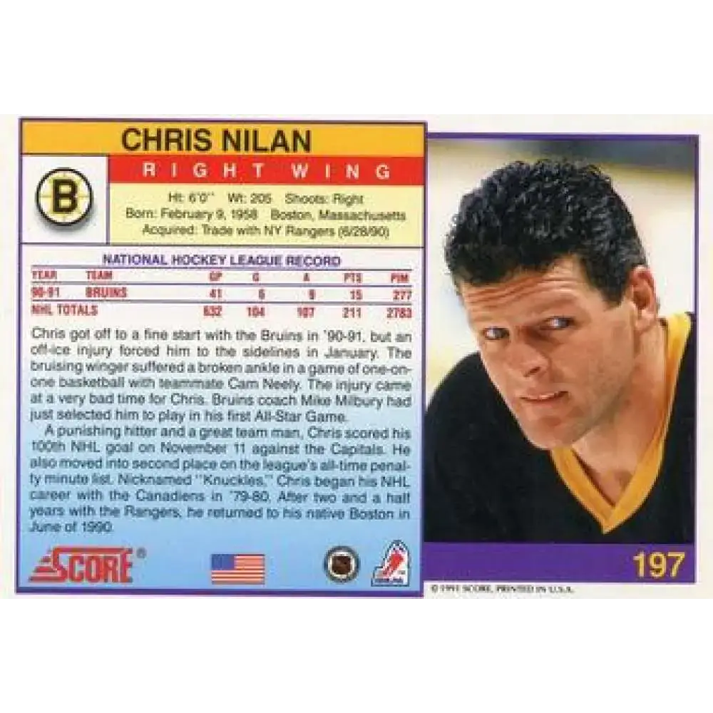 1991-92 Score American #197 Chris Nilan NM-MT Boston Bruins Hockey Card - Hockey Card Single