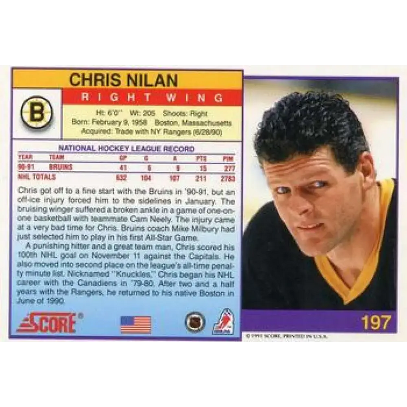 1991-92 Score American #197 Chris Nilan NM-MT Boston Bruins Hockey Card - Hockey Card Single